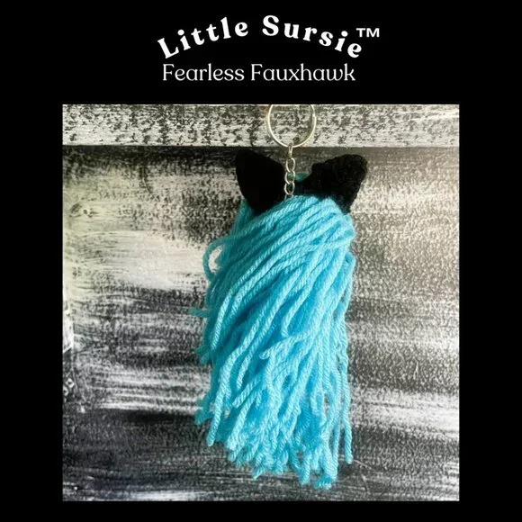 Handmade Crocheted Aqua Blue Fauxhawk Amigurumi Purse Charm Keychain - Picture 5 of 8